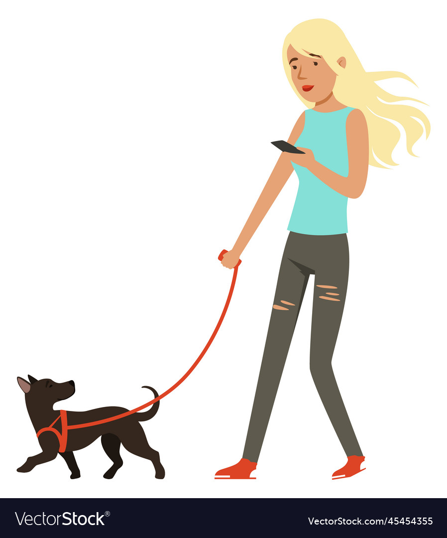 Girl walking with puppy funny cartoon dog owner Vector Image