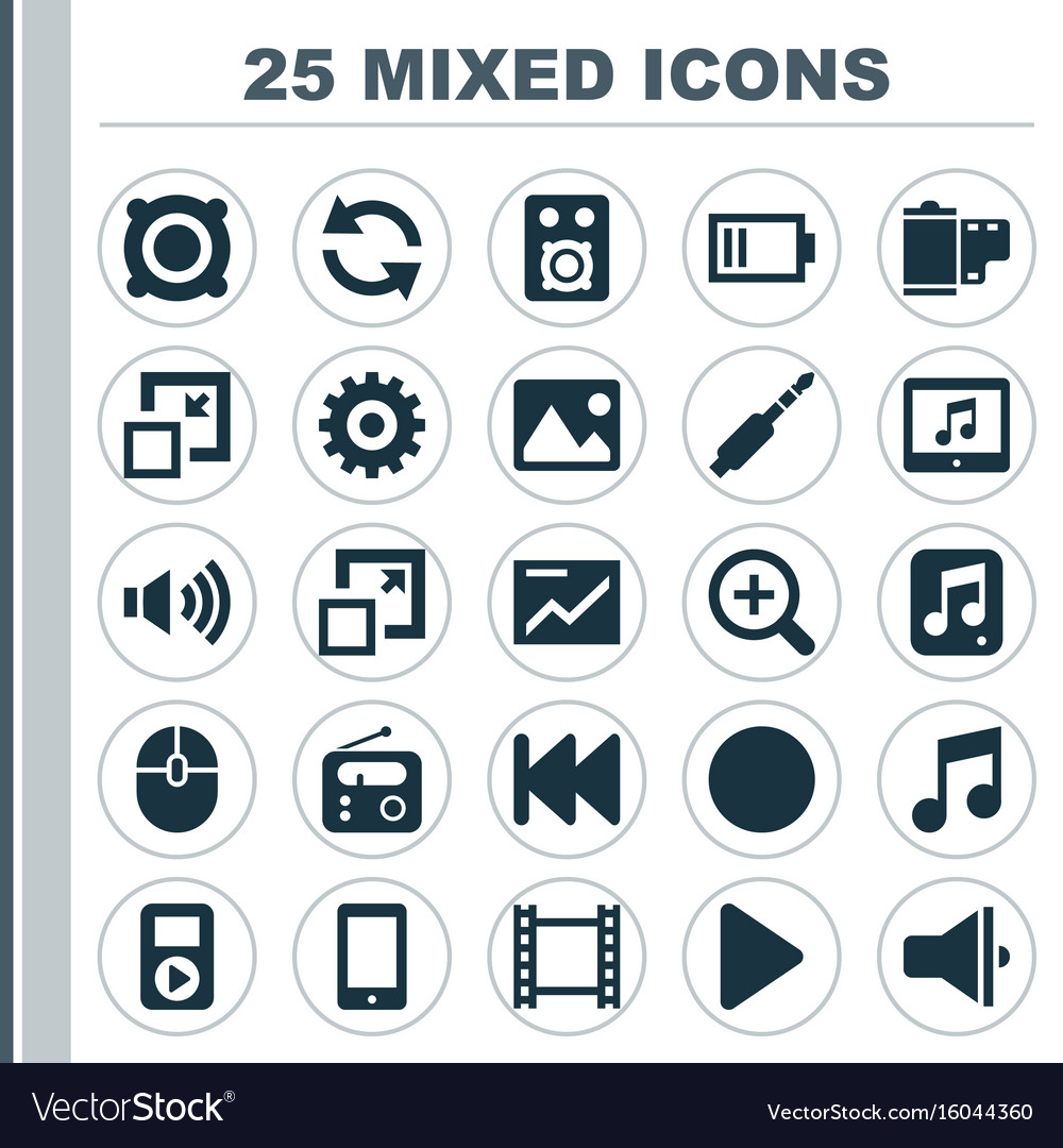 Media icons set collection of zoom in tuner