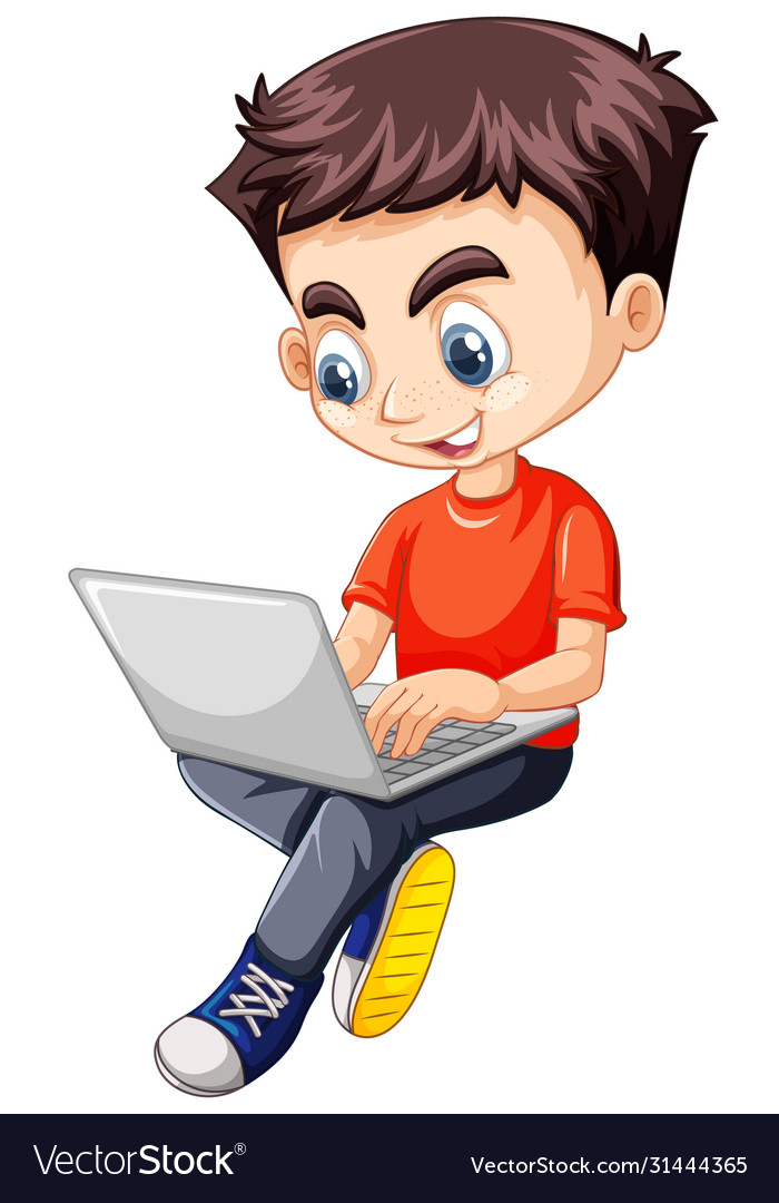 Boy in red shirt using laptop cartoon character Vector Image