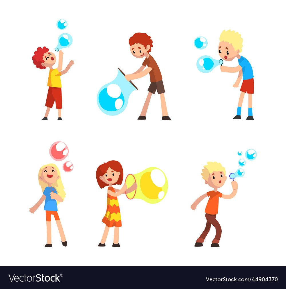 Cheerful teen boy and girl blowing colorful soap Vector Image