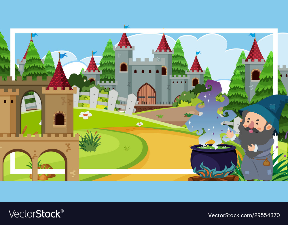 Frame design with wizard and big castle