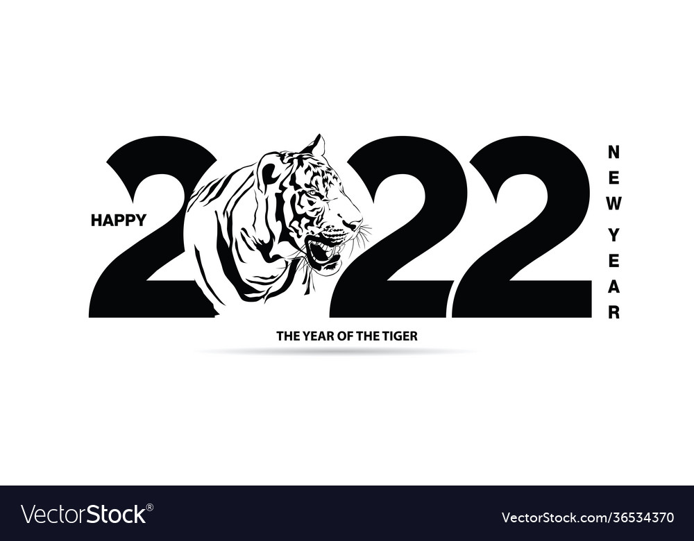 Happy new year 2022 tiger black and white vector image Happy new year 2022 tiger black and white