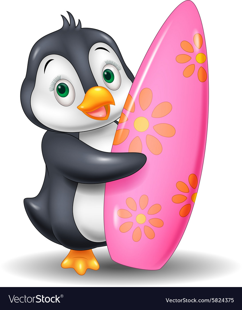 Cartoon penguin holding surfing board