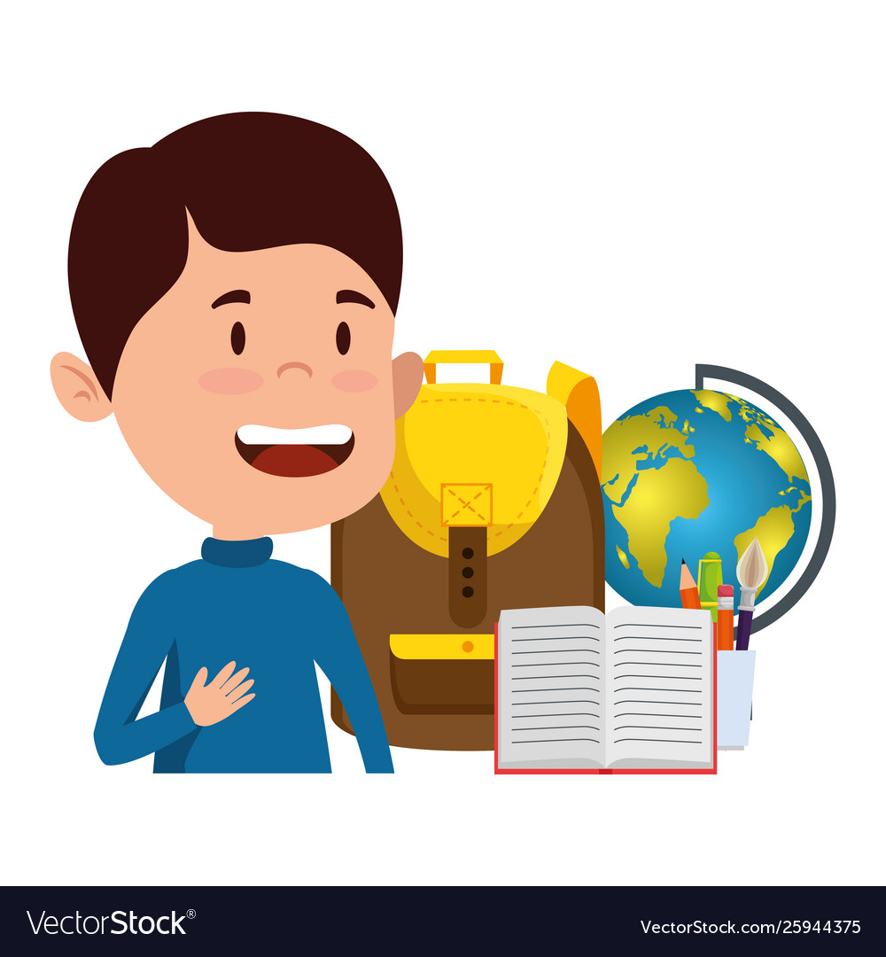 Happy student boy with schoolbag and world map