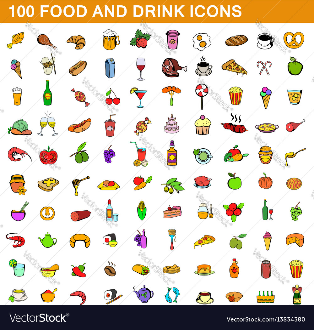 100 food and drink icons set cartoon style Vector Image