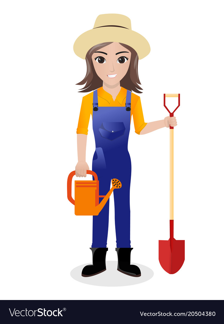 Female gardener holding watering can and shovel Vector Image