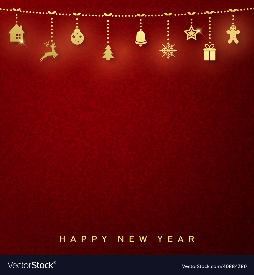 Happy new year card with hanging xmas ornaments