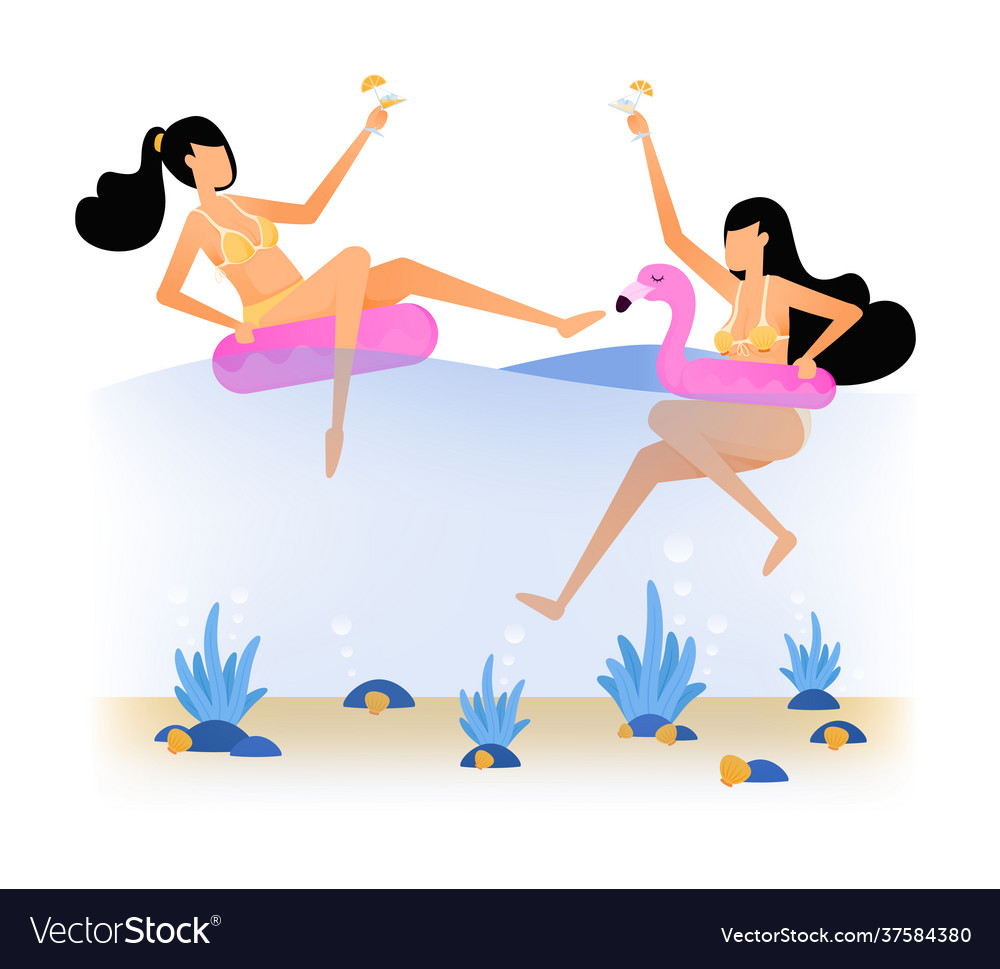 Happy vacation two women swim in sea