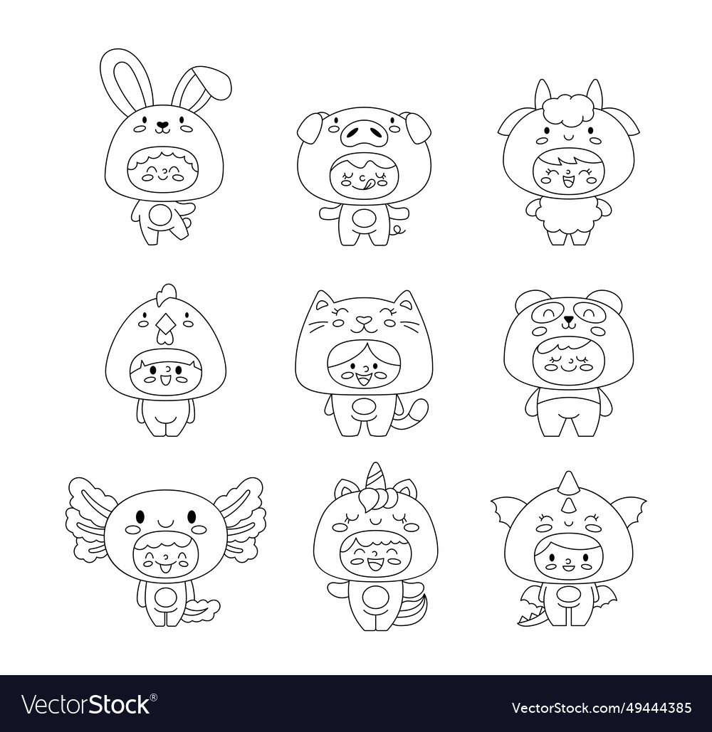 Kids wearing animals costumes coloring page Vector Image