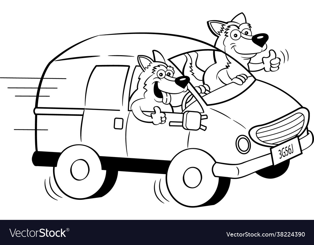 Two husky dogs driving a van