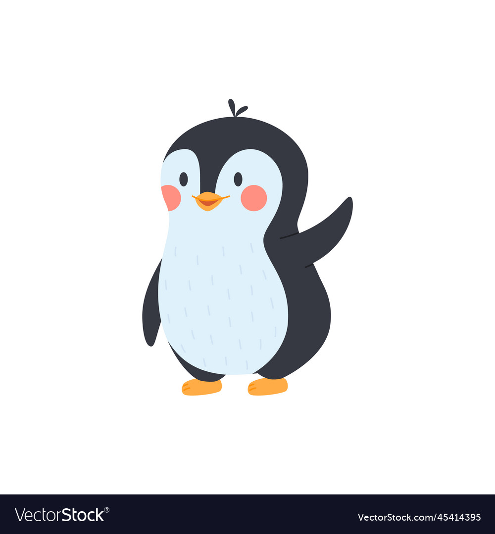 Adorable baby penguin with greeting gesture flat