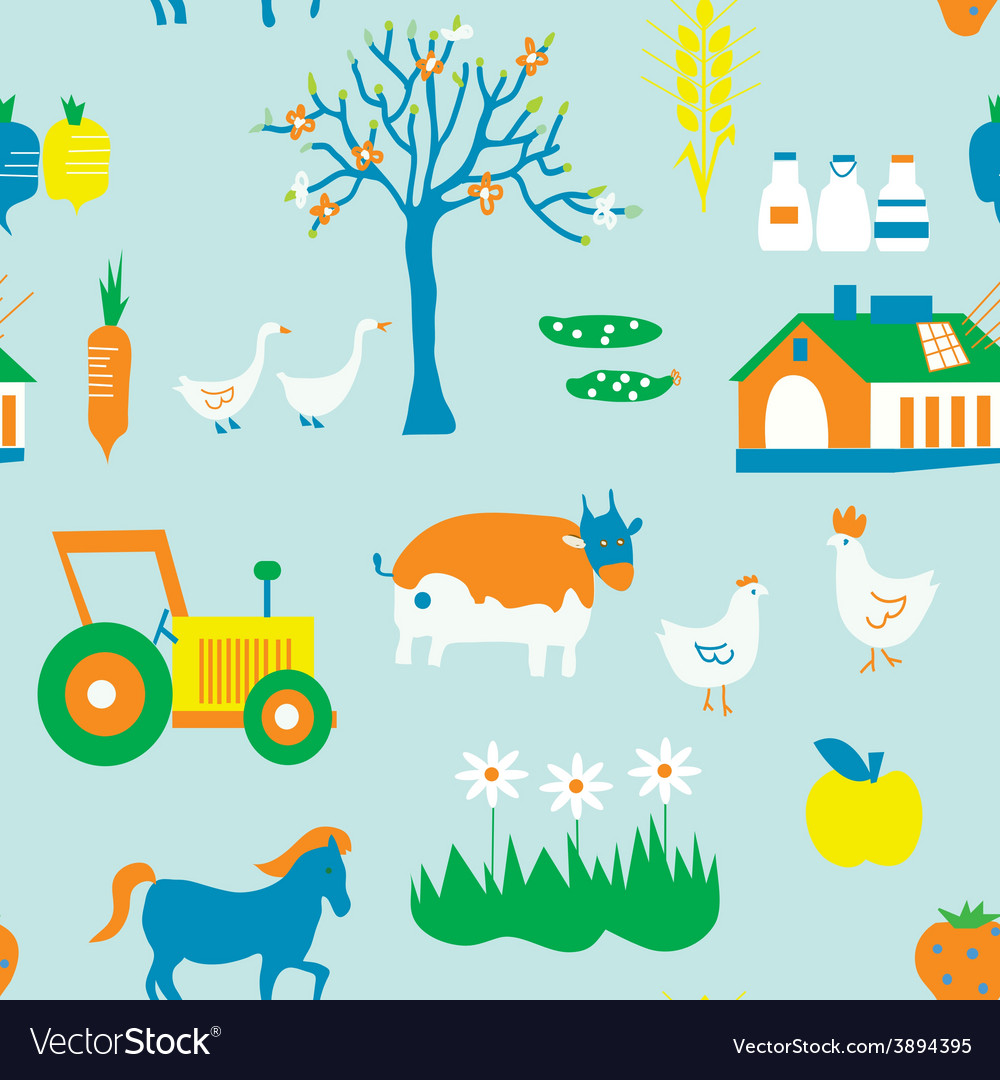 Agriculture seamless pattern with trees animals