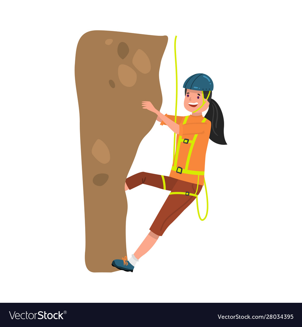 Happy girl alpinist in blue helmet climbing hill Vector Image