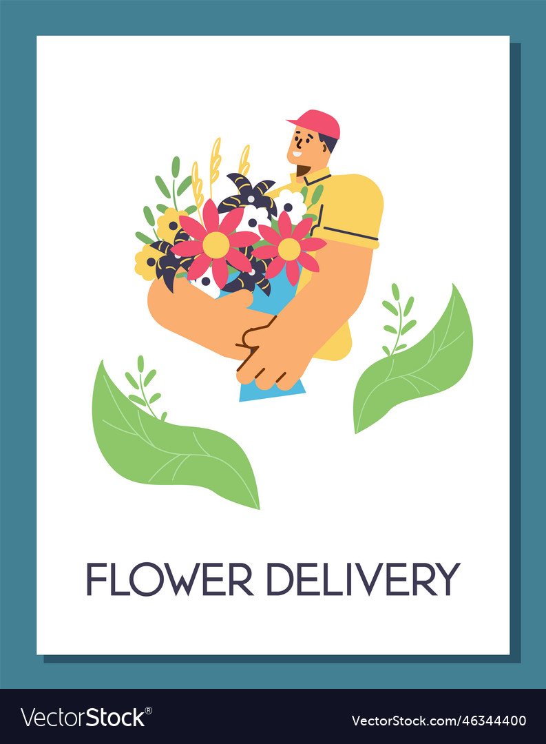 Courier delivering bouquet flower delivery Vector Image