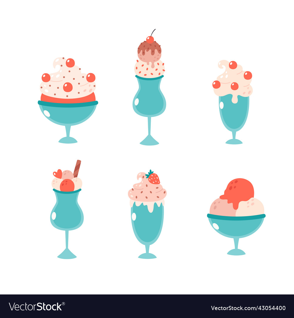 Set of ice cream in glass with strawberry cherry