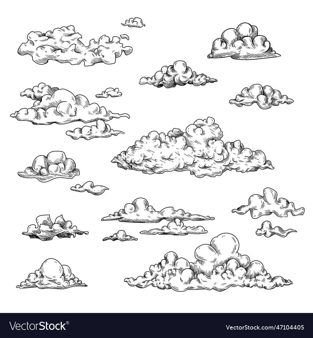 Different shapes of clouds engraved Royalty Free Vector