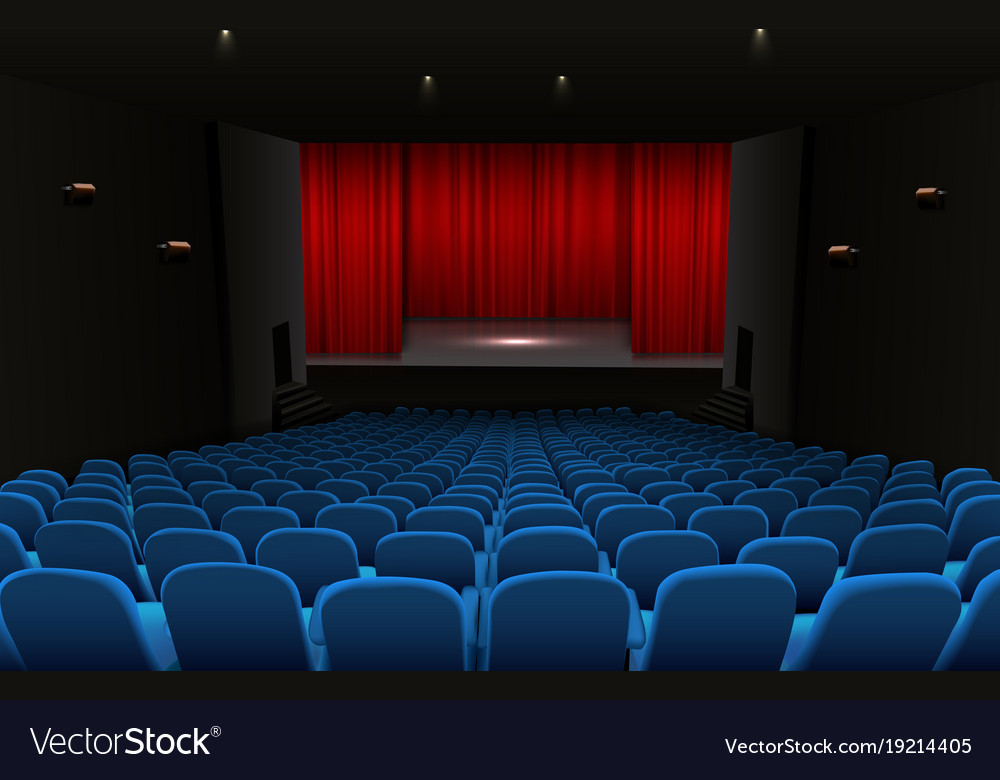 Theater Stage With Red Curtains And Blue Seats Vector Image