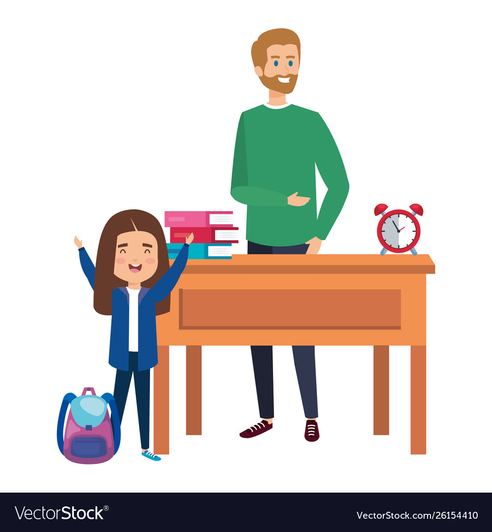 Happy student girl with male teacher in desk