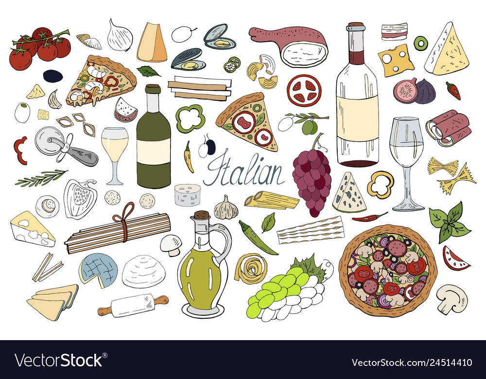 Set of hand drawn italian food elements isolated Vector Image