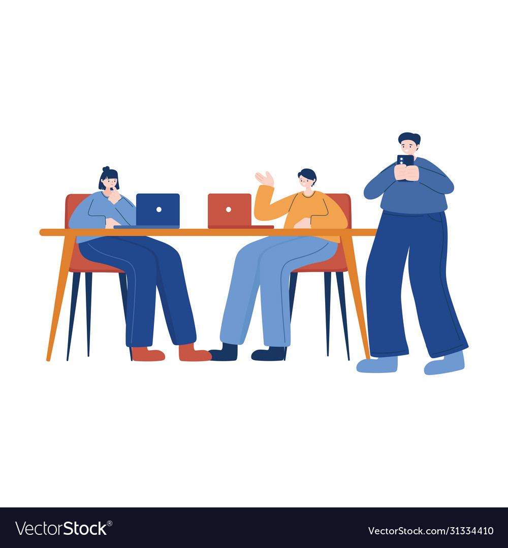 Woman and men with laptop on desk design