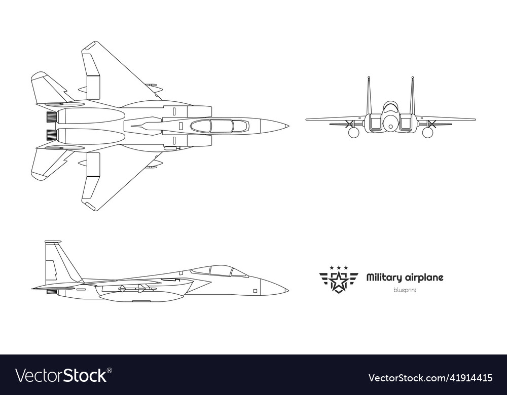 Outline military airplane blueprint Royalty Free Vector