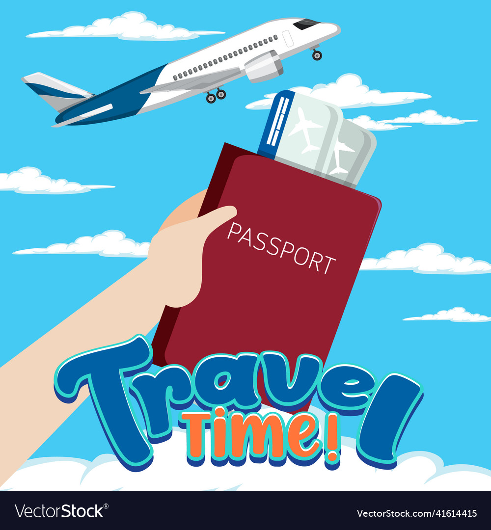 Travel time logo banner with passport and plane