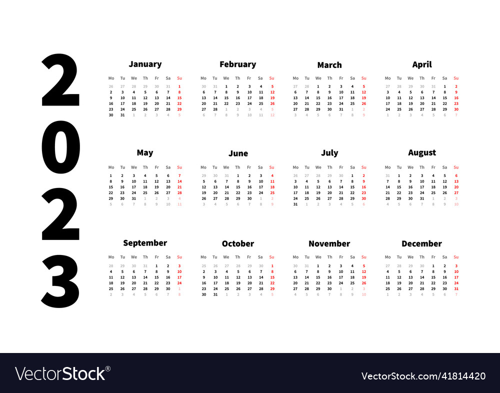 2023 year simple horizontal calendar in english Vector Image