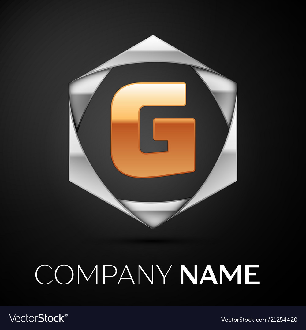 Gold letter g logo symbol in the silver hexagonal