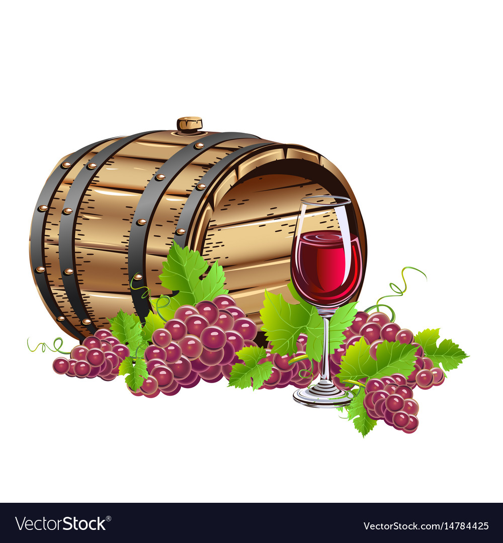 Wine barrel with bunches of grapes Royalty Free Vector Image