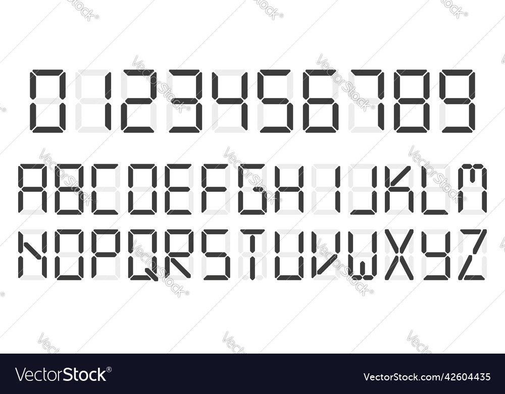 Digital clock number set led digit alphabet flat vector image Digital clock number set led digit alphabet flat