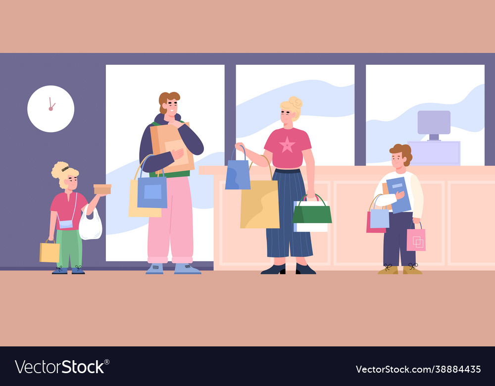 Family with shopping bags in front cashier