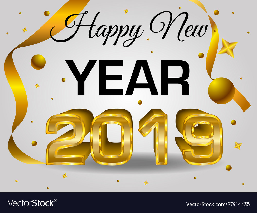 Happy new year colorful 3d text 2019 in gold