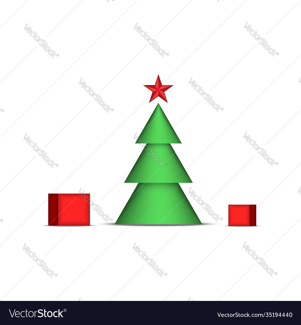 Christmas tree with red star and gift boxes