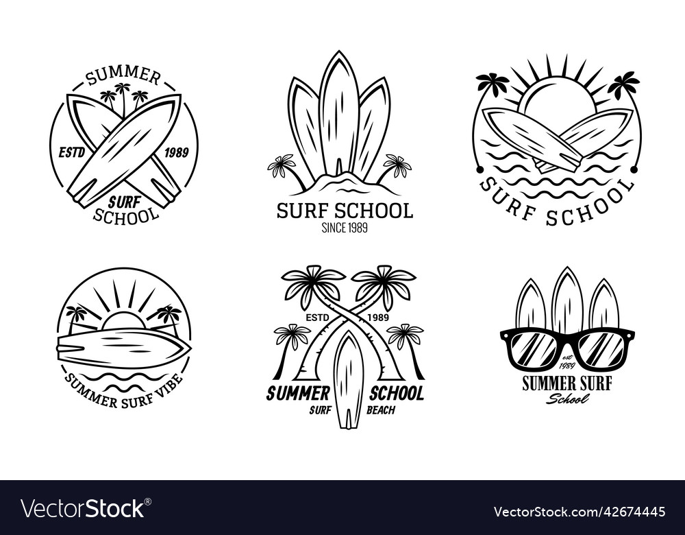 Strand Surf Schule Schilder Dünne Linie Abzeichen Icons Set