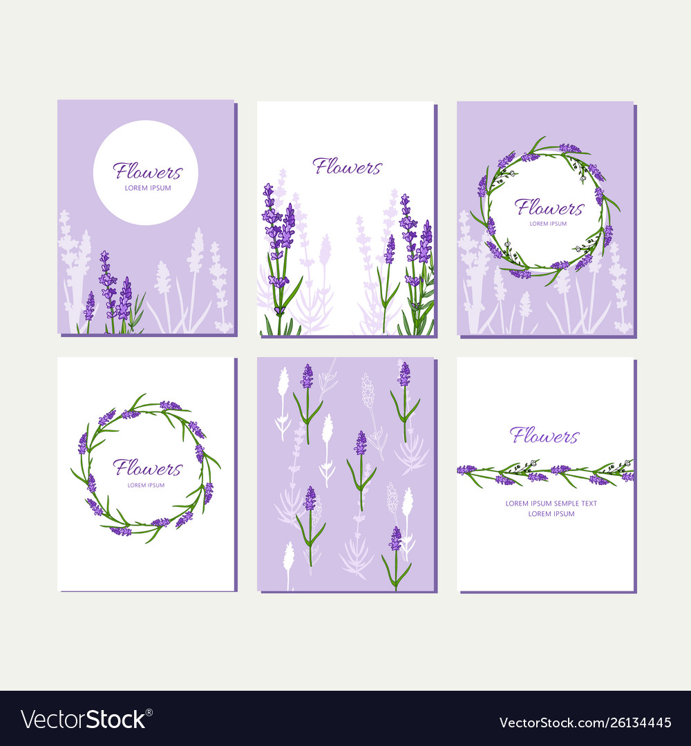 Doodle cards set with lavender flowers and wreath