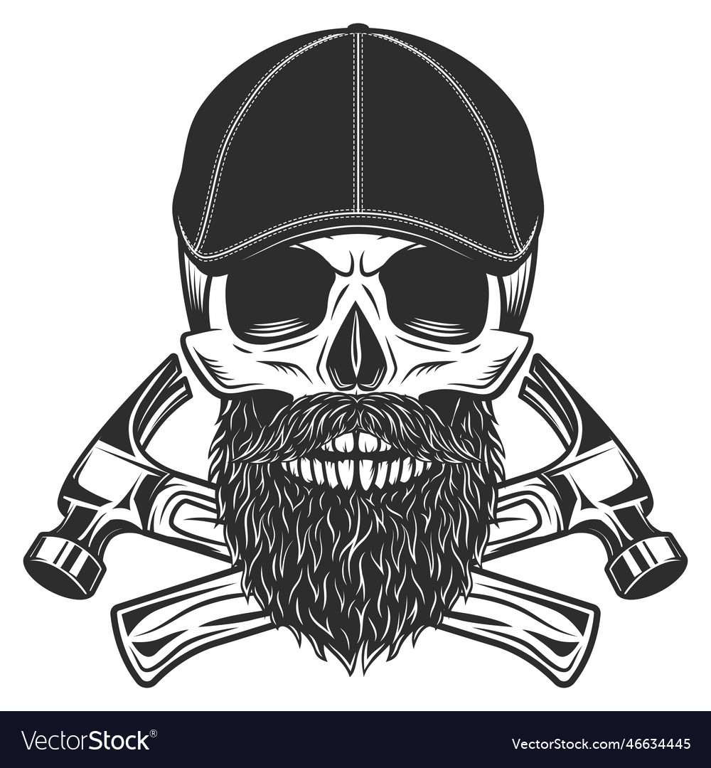 Skull with beard in flat cap with hammer Vector Image