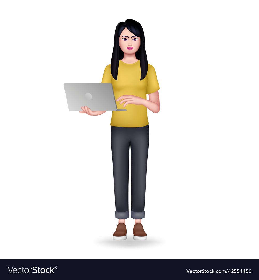 Girl holding laptop 3d woman programmer