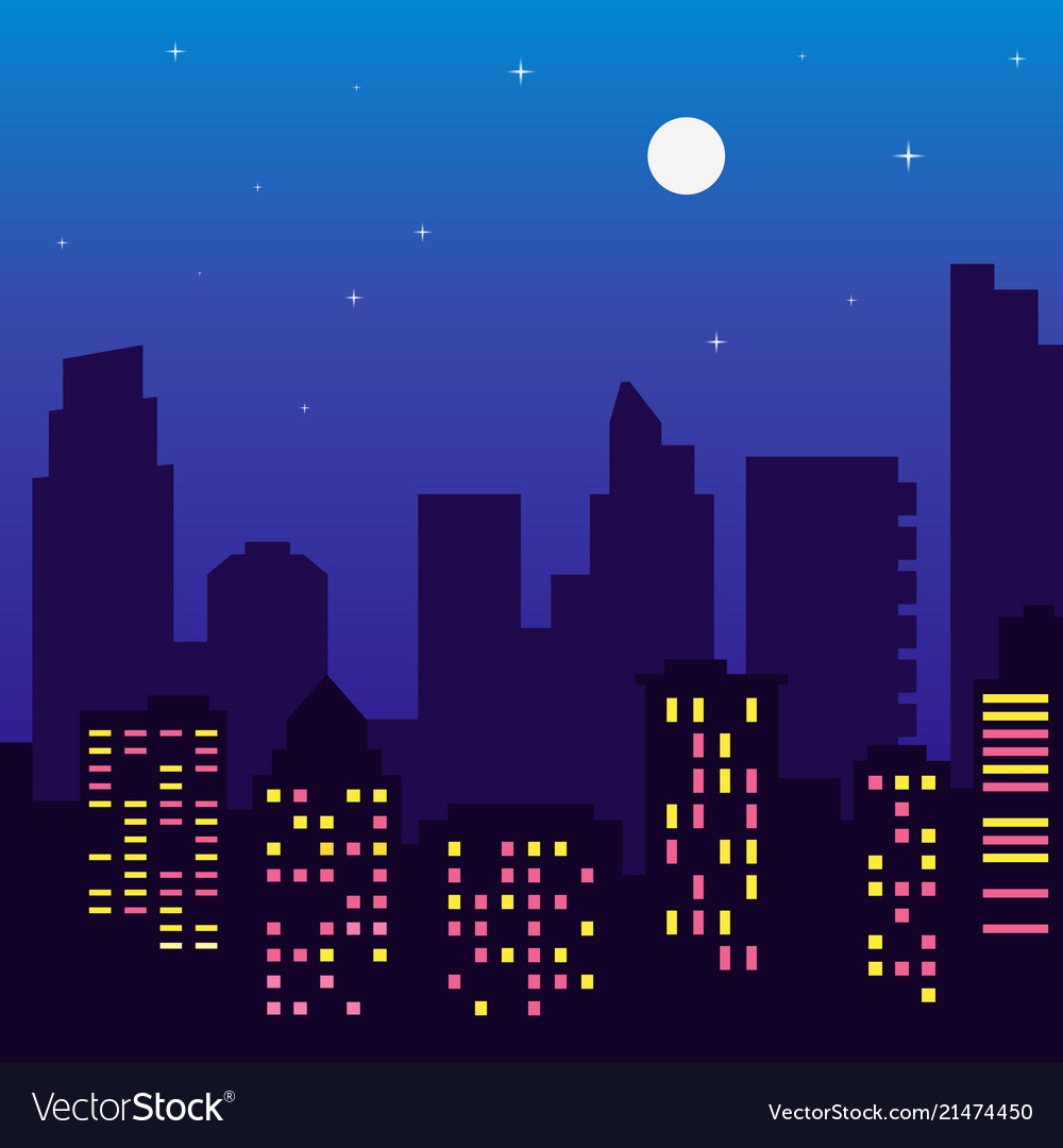 Glowing windows of buildings, stars in night sky. View from window on city  night landscape. Light of the windows in tall buildings, starry sky.  Abstract background, wallpaper. Vector illustration Stock Vector