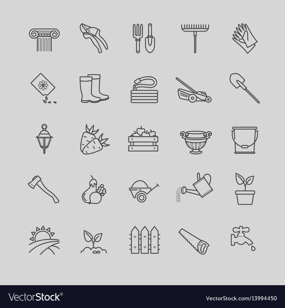 Outline icons set - gardening tools flowers