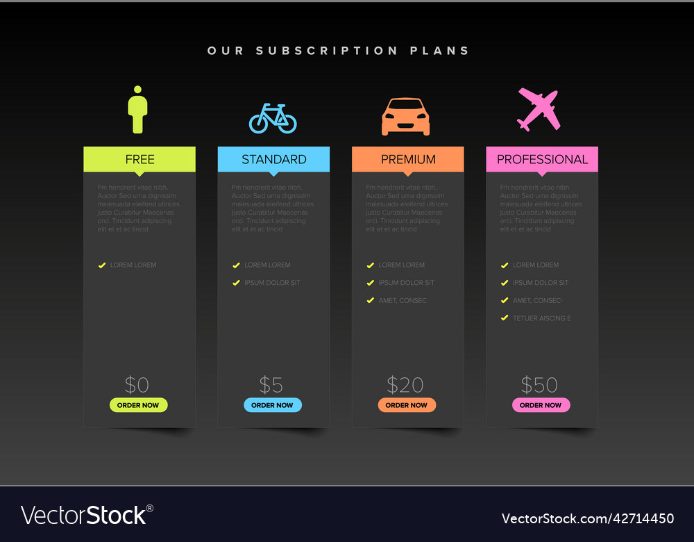 Pricing vergleichen Tabelle dunkle Vorlage mit vier vector image Pricing vergleichen Tabelle dunkle Vorlage mit vier
