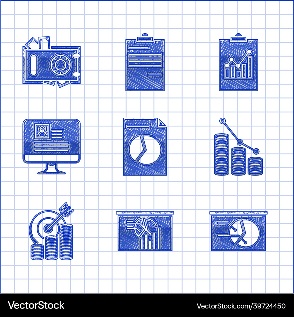 Set document with graph chart board pie Royalty Free Vector