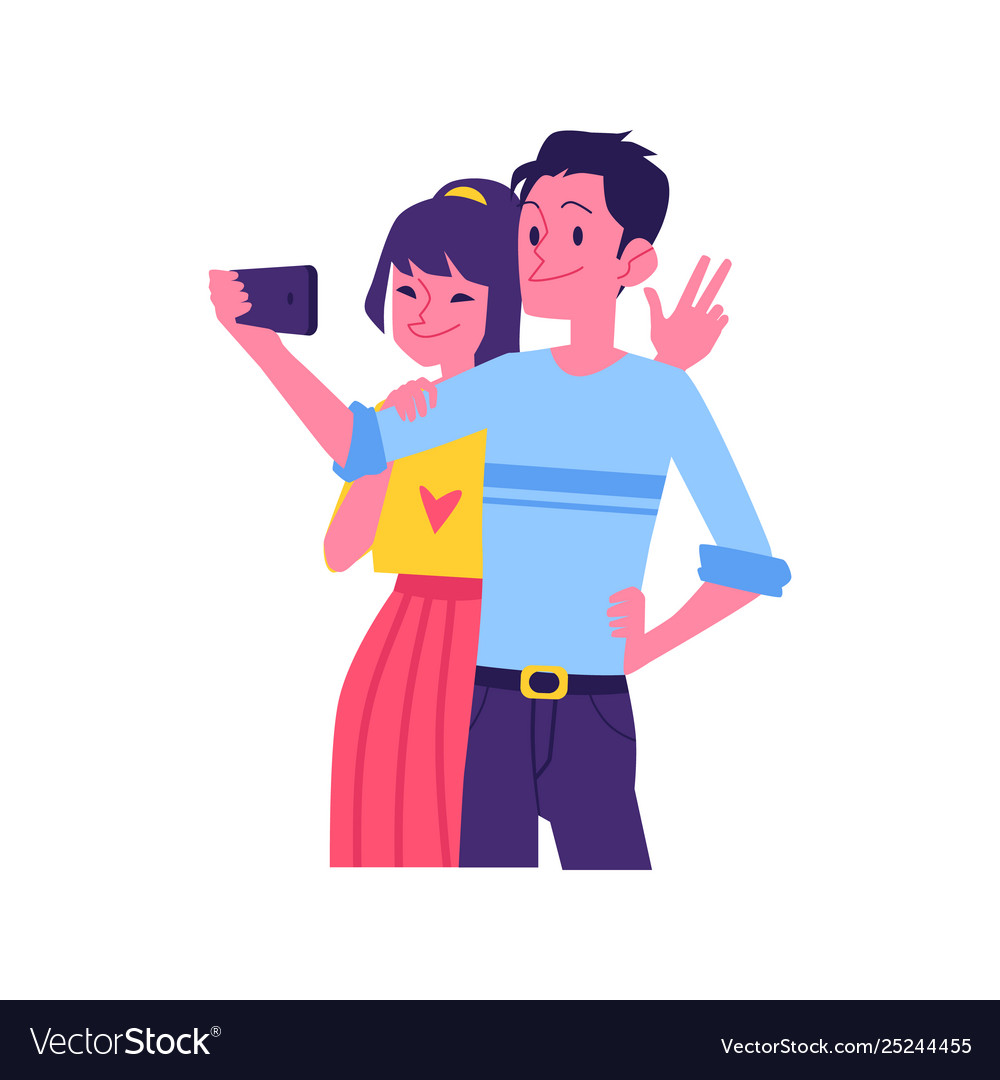 Flat happy couple selfie in phone screen