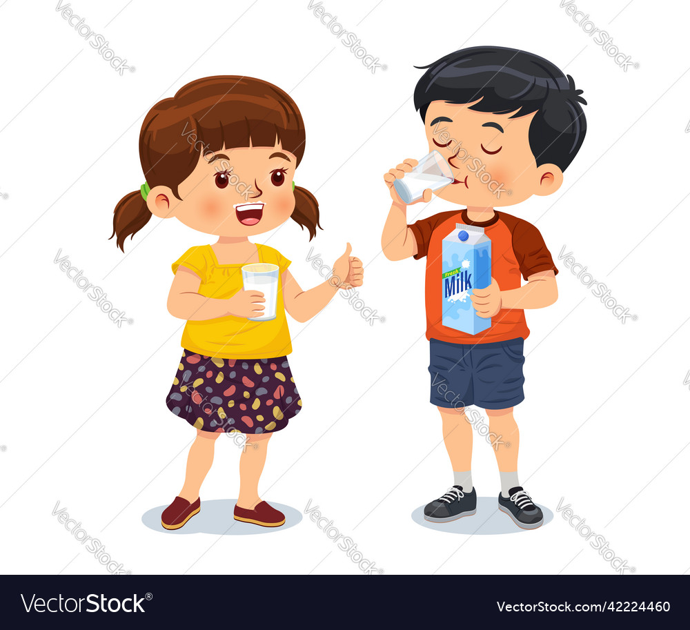 Cute girl holding a glass of milk and boy Vector Image