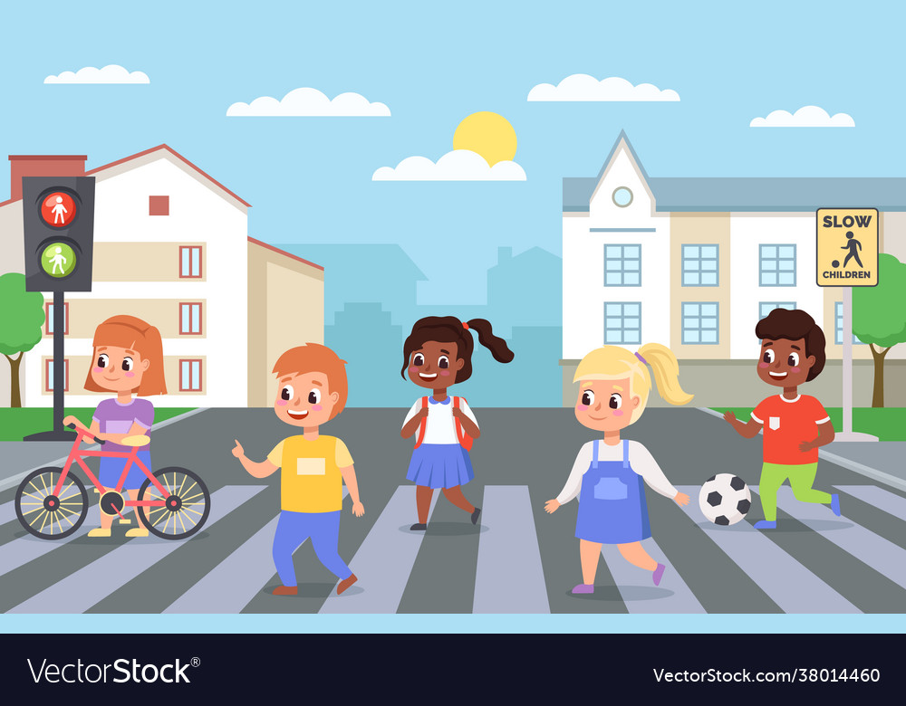 Kids walking crosswalk children cross road Vector Image