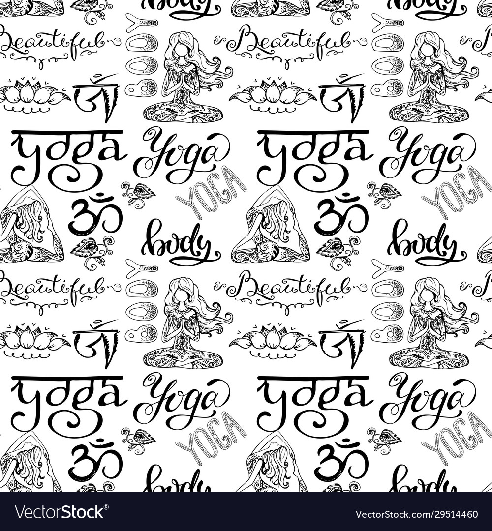 Yoga seamless pattern with letteringornamentgirl