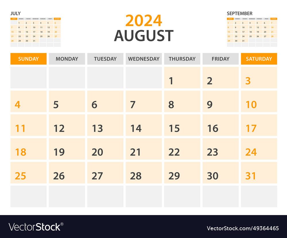 Calendar 2024 template- august 2024 year monthly Vector Image