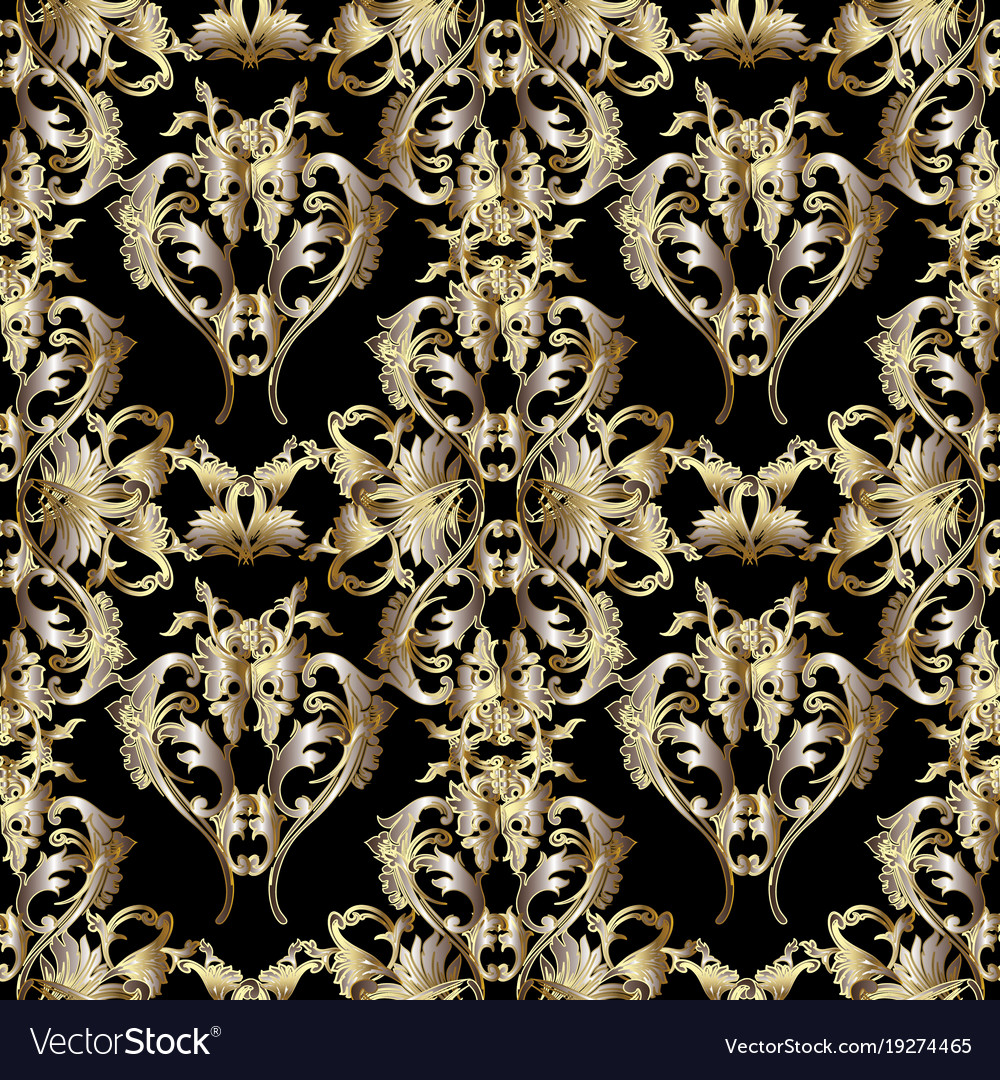 Gold 3d Baroque Seamless Pattern Floral Vintage Vector Image