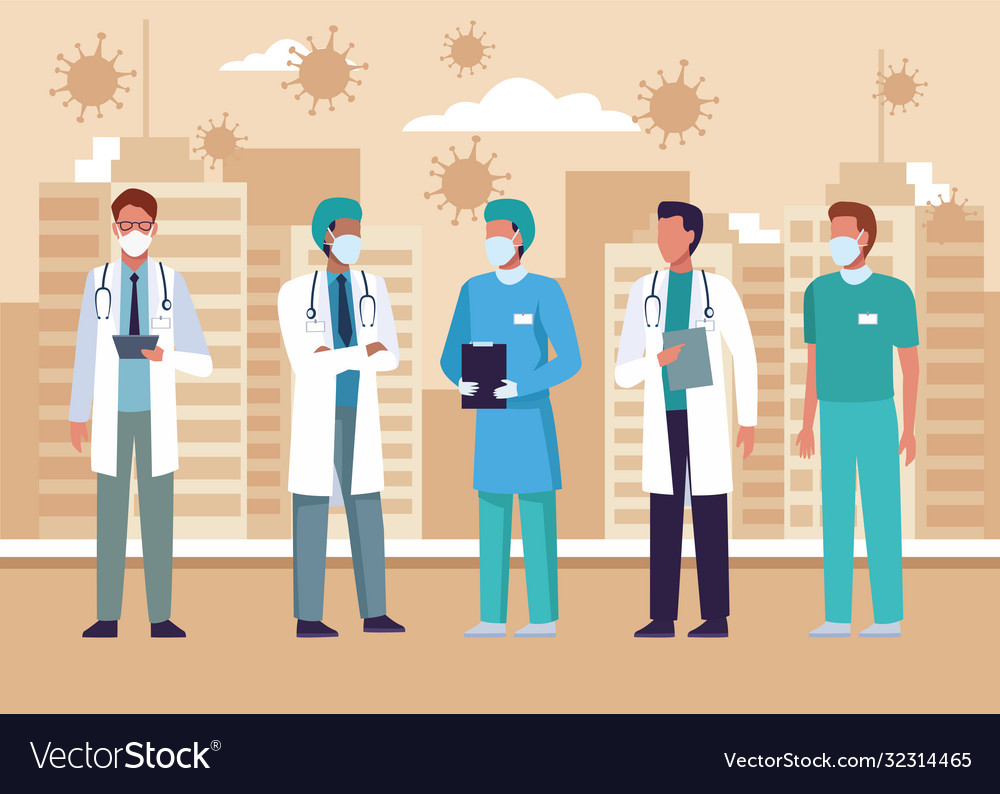 Group doctors wearing medical masks on city Vector Image