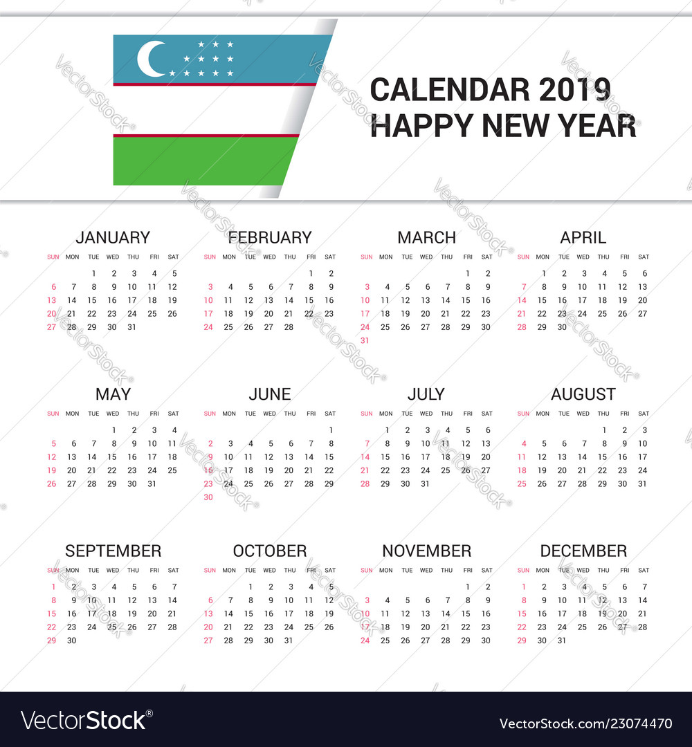 Calendar 2019 uzbekistan flag background english