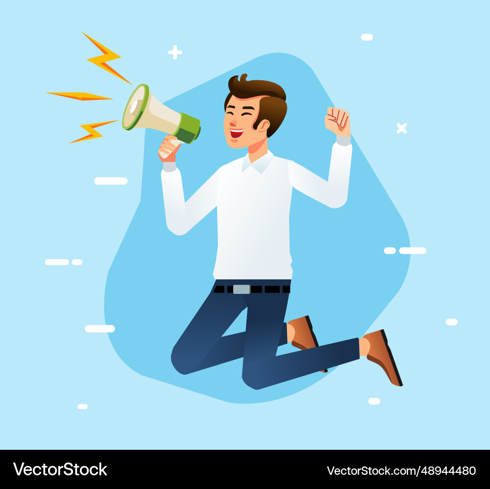 Businessman Jump Shouting Through Loud Speaker Vector Image